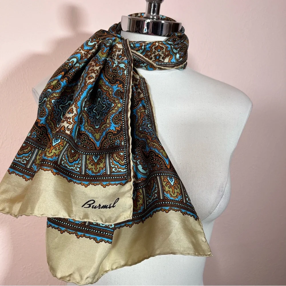 Vintage 1960 70 Burmel Mod Camel Brown blue Silk Made in Italy long Skinny Scarf